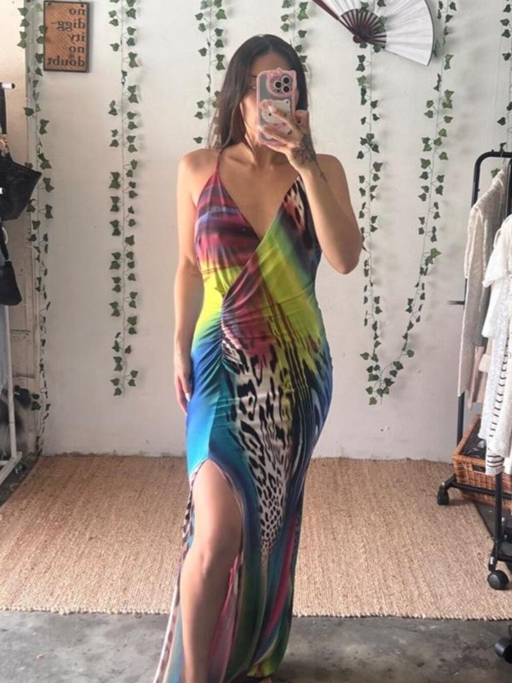 Vintage Y2K Cameo USA colorful abstract and animal print maxi dress